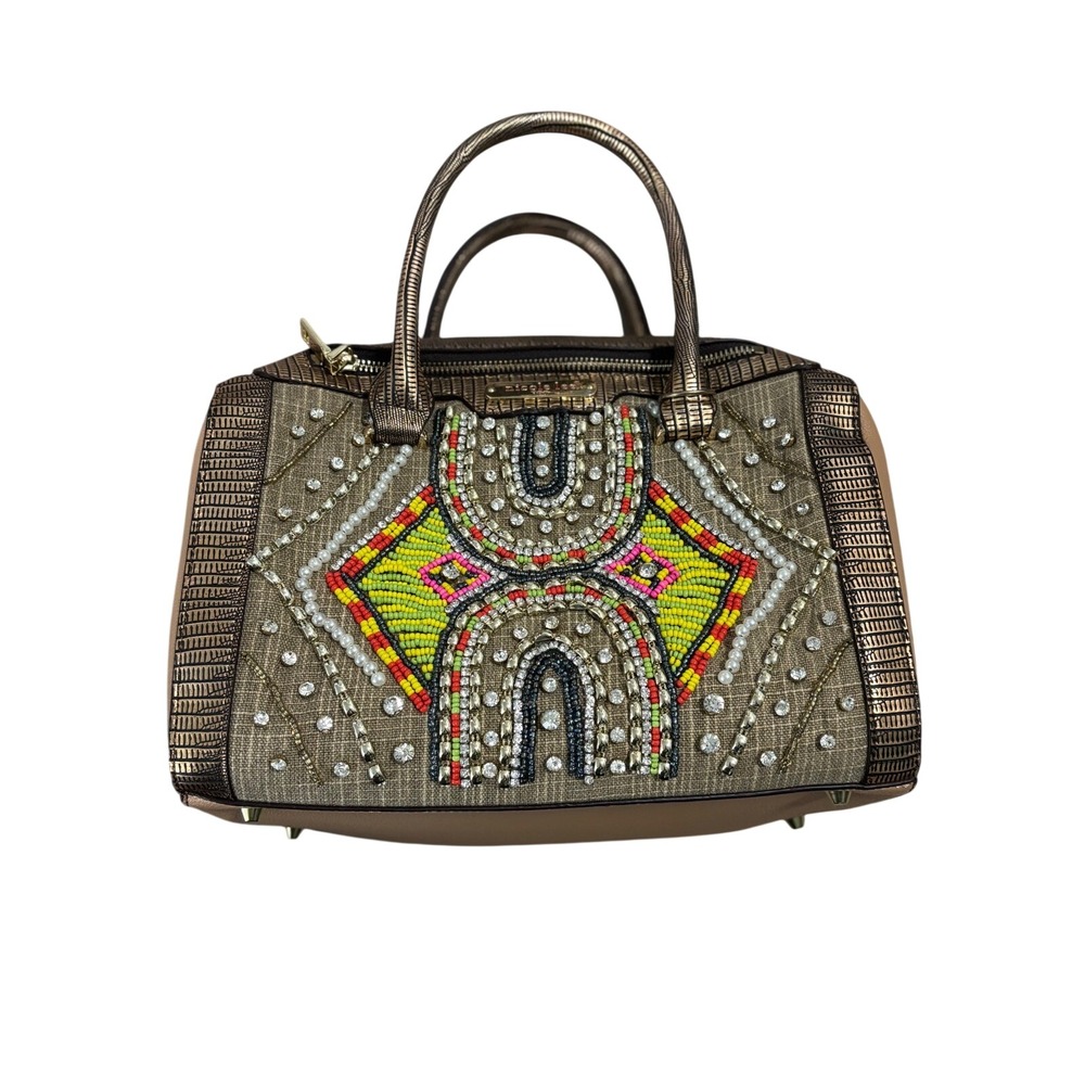 Nicole Lee Beaded Crystal Satchel Bag Metallic Bronze Tan Geometric Boho Handbag